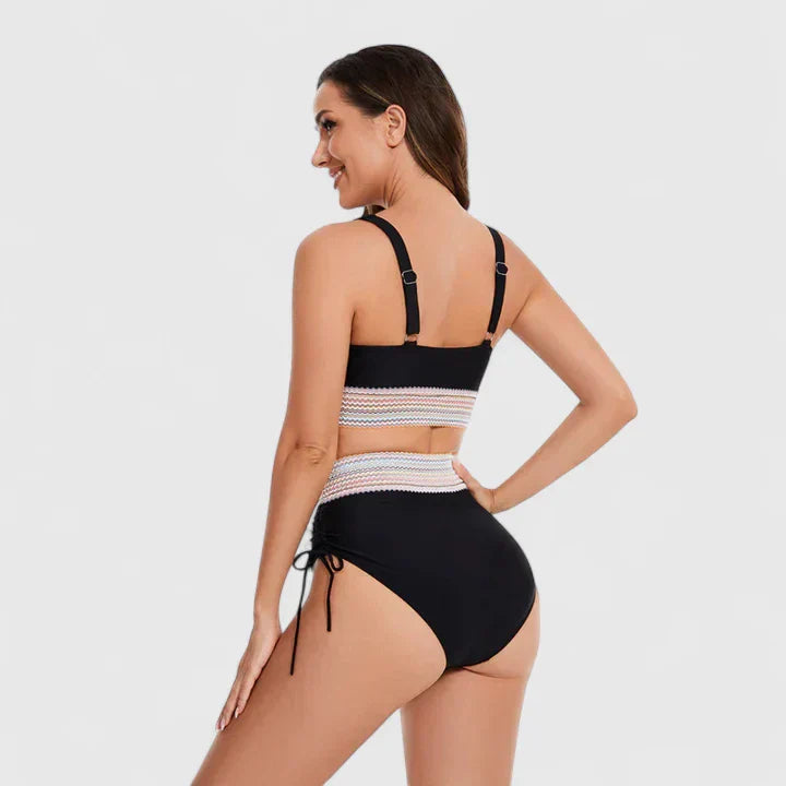 High-waist crossover-top bikini in sage green, light blue, black, dark blue, red and rose