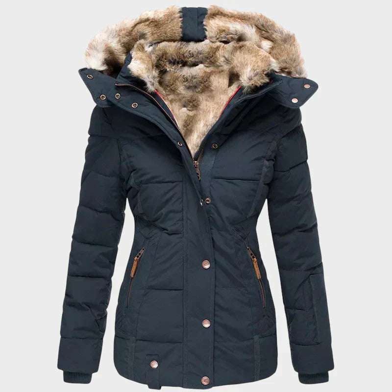 Elegant winter parka in beige, black and green with a flattering, well-structured silhouette
