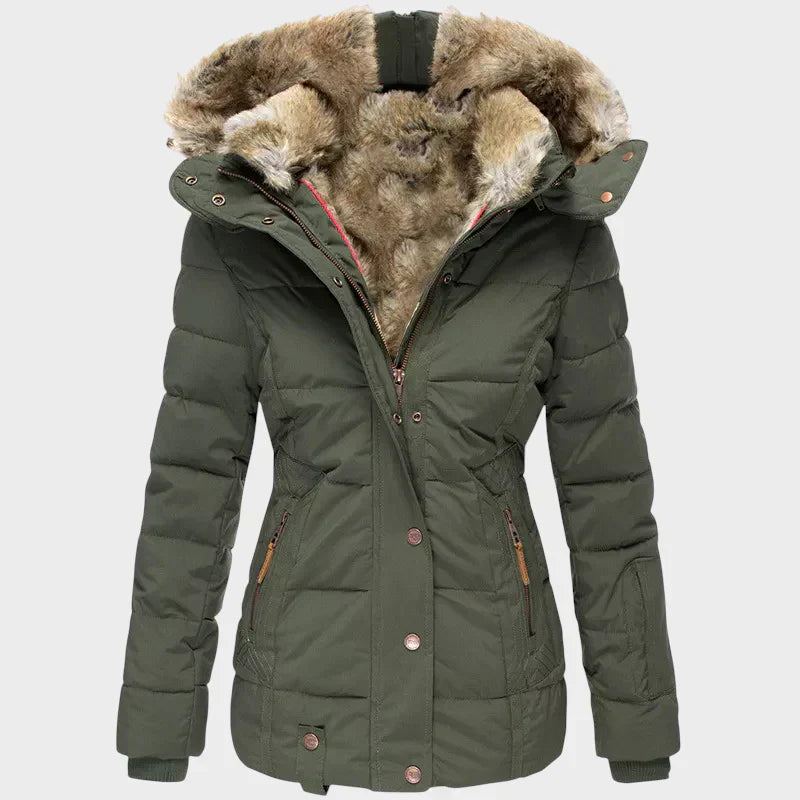 Elegant winter parka in beige, black and green with a flattering, well-structured silhouette