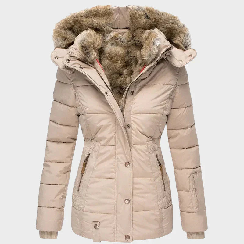 Elegant winter parka in beige, black and green with a flattering, well-structured silhouette
