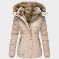 Elegant winter parka in beige, black and green with a flattering, well-structured silhouette