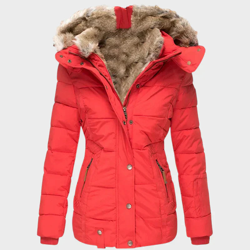 Elegant winter parka in beige, black and green with a flattering, well-structured silhouette