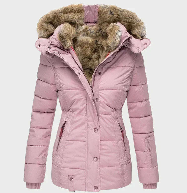 Elegant winter parka in beige, black and green with a flattering, well-structured silhouette