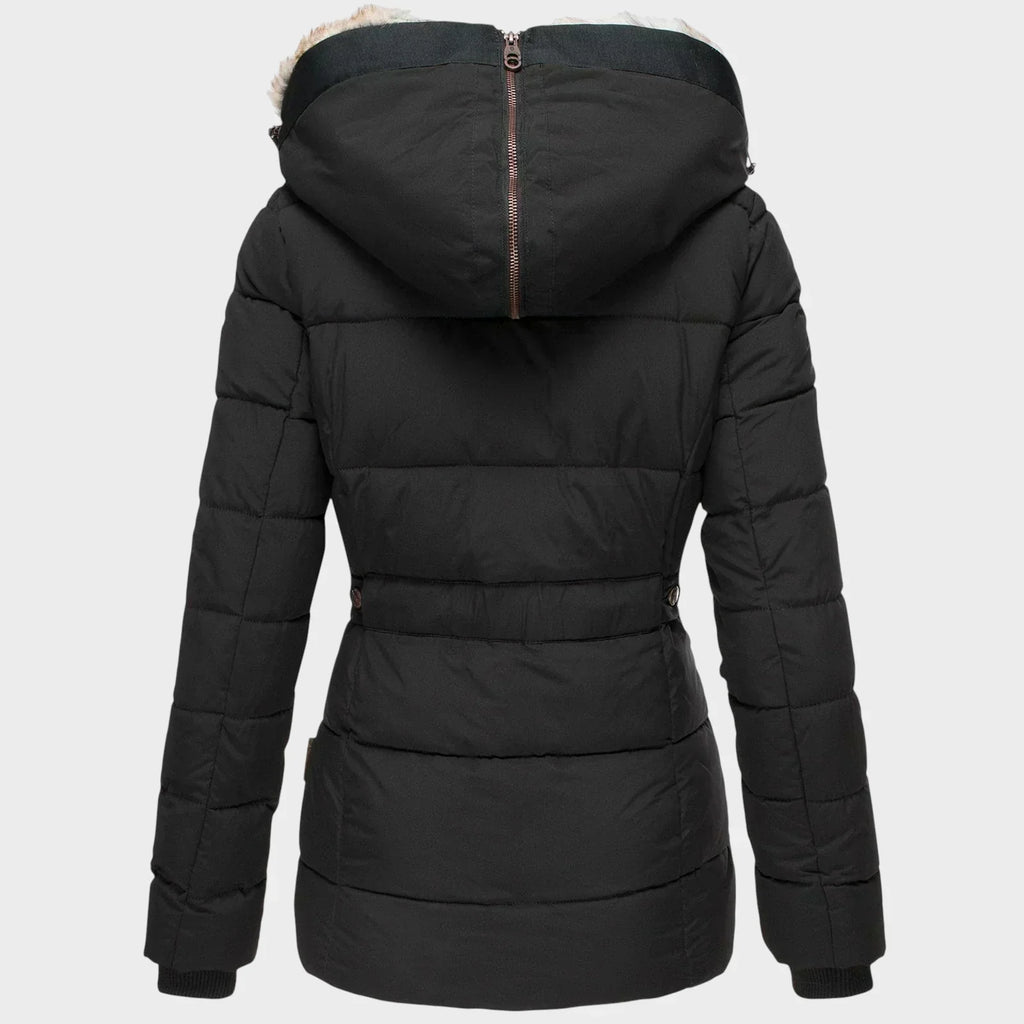 Elegant winter parka in beige, black and green with a flattering, well-structured silhouette