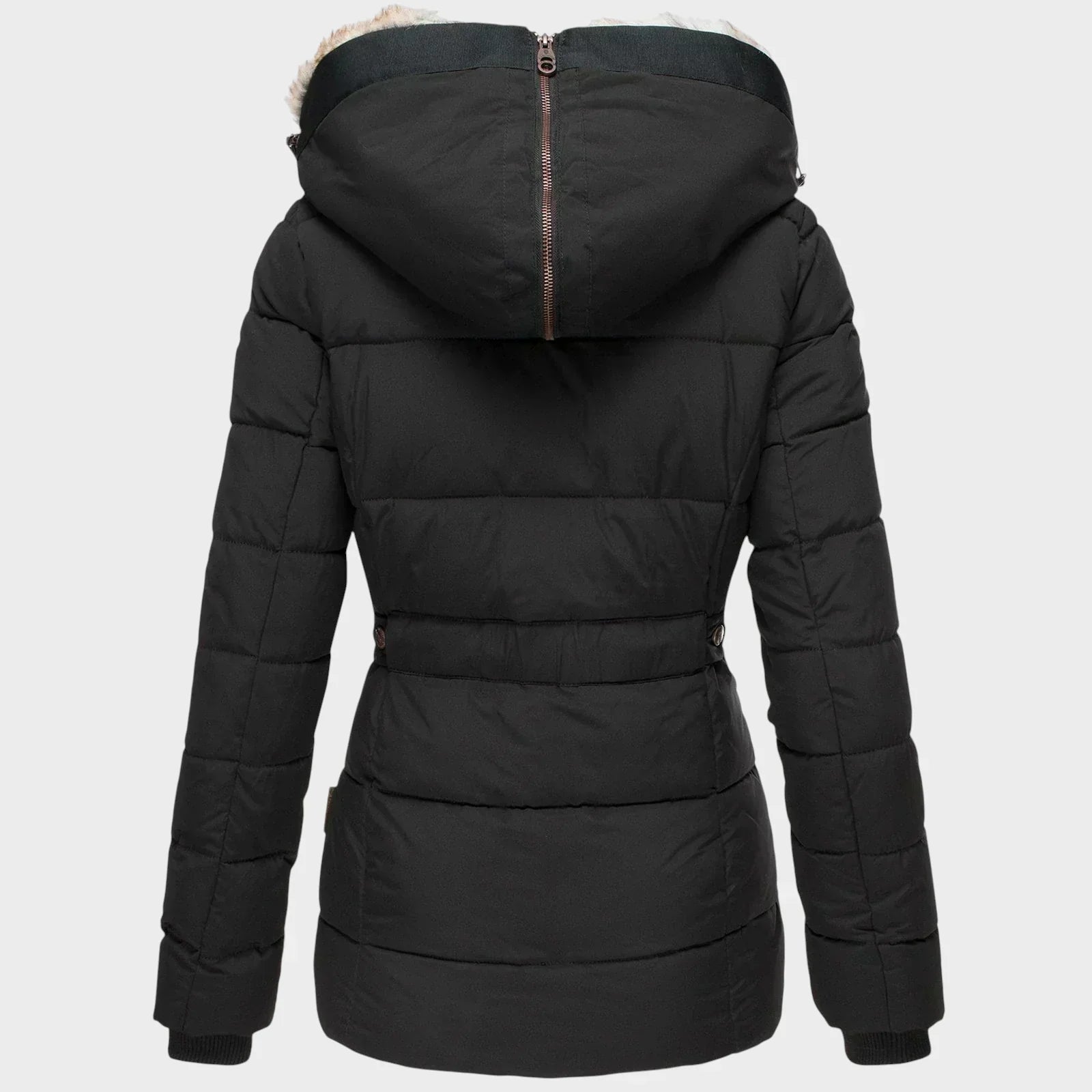 Elegant winter parka in beige, black and green with a flattering, well-structured silhouette