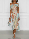 VITTORIA™ | Sleeveless Off-Shoulder Mermaid Midi Dress with Blue Floral Pattern