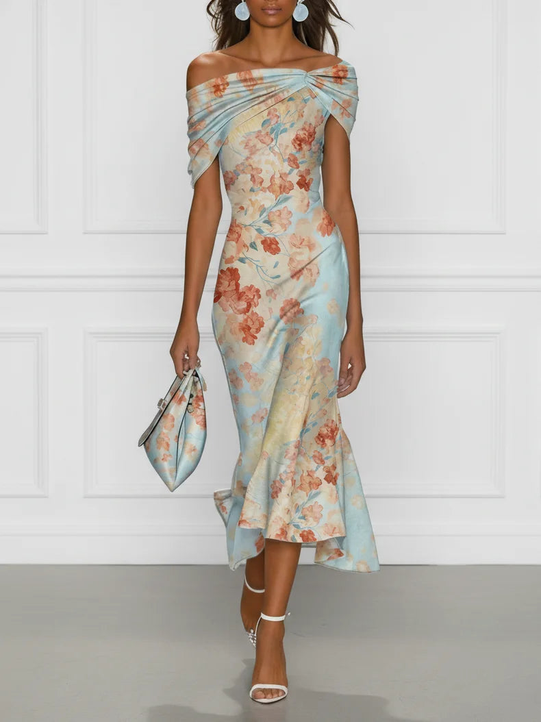 VITTORIA™ | Sleeveless Off-Shoulder Mermaid Midi Dress with Blue Floral Pattern