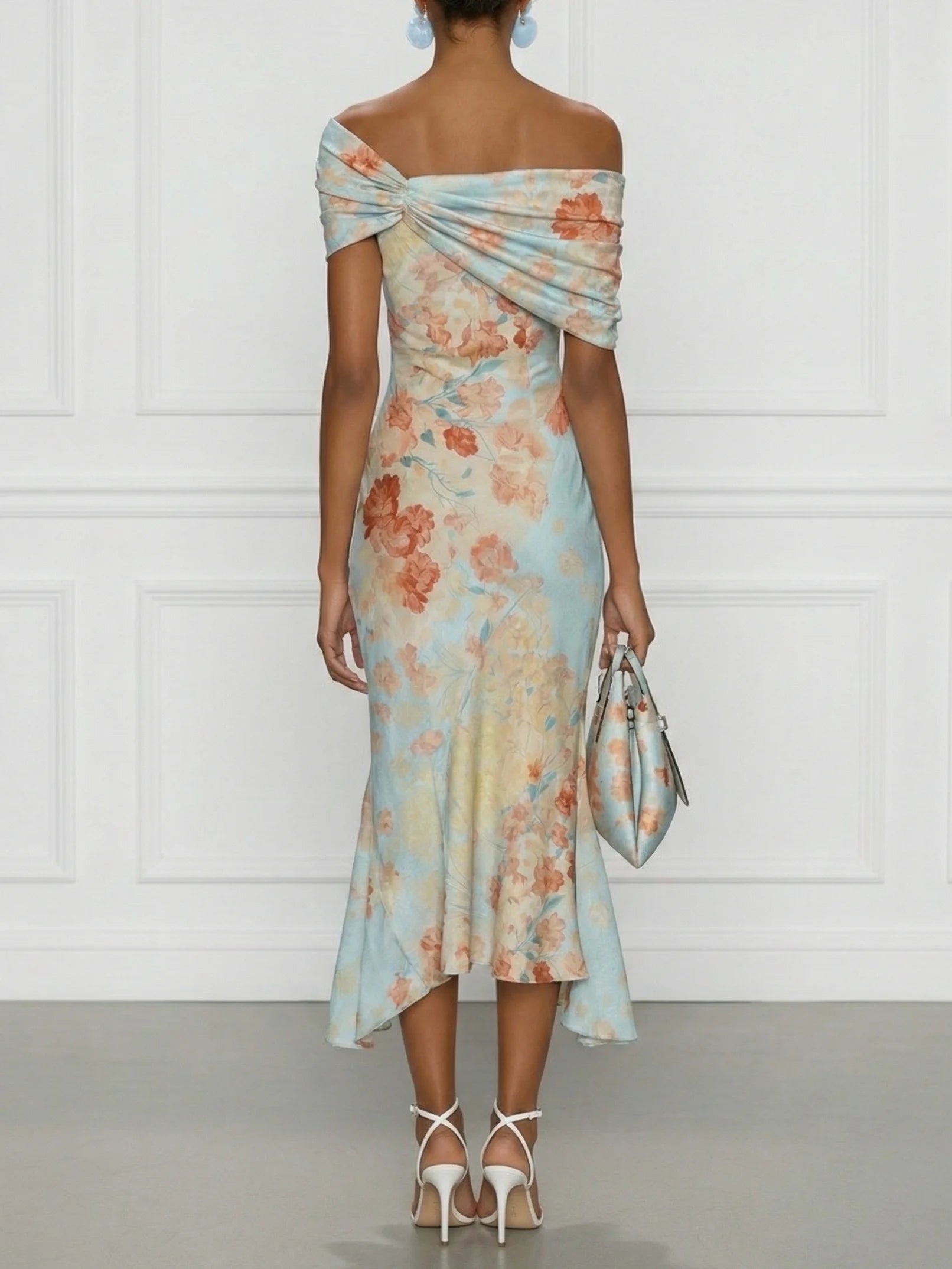 VITTORIA™ | Sleeveless Off-Shoulder Mermaid Midi Dress with Blue Floral Pattern