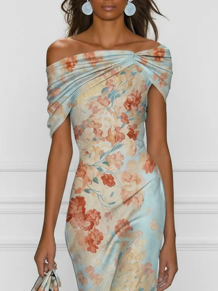 VITTORIA™ | Sleeveless Off-Shoulder Mermaid Midi Dress with Blue Floral Pattern