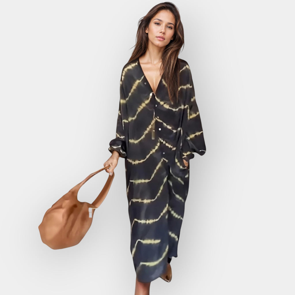 Floaty boho long-sleeve dress in deep blue with a graceful romantic silhouette