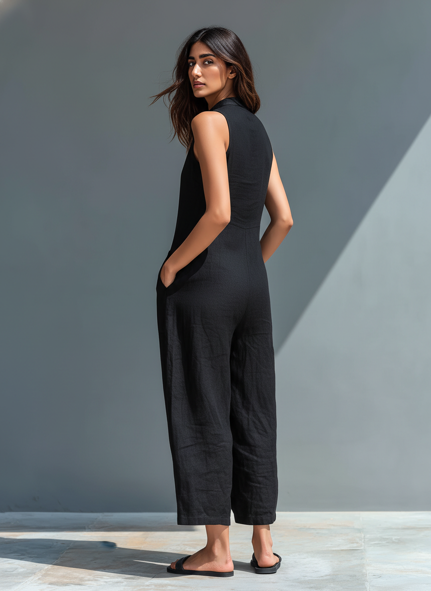 Minimalist white jumpsuit with front button detail and a relaxed fluid silhouette