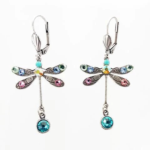 A pair of delicate drop earrings shaped as butterflies in a fine metal finish