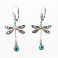 A pair of delicate drop earrings shaped as butterflies in a fine metal finish