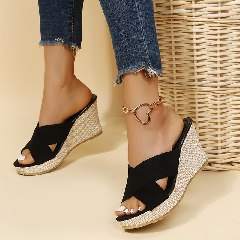 Black backless wedge sandals with cross strap design over the instep