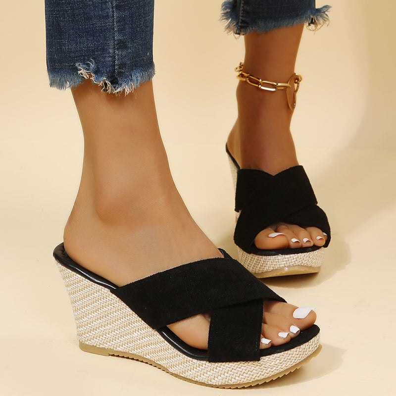 Black backless wedge sandals with cross strap design over the instep