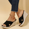 Black backless wedge sandals with cross strap design over the instep