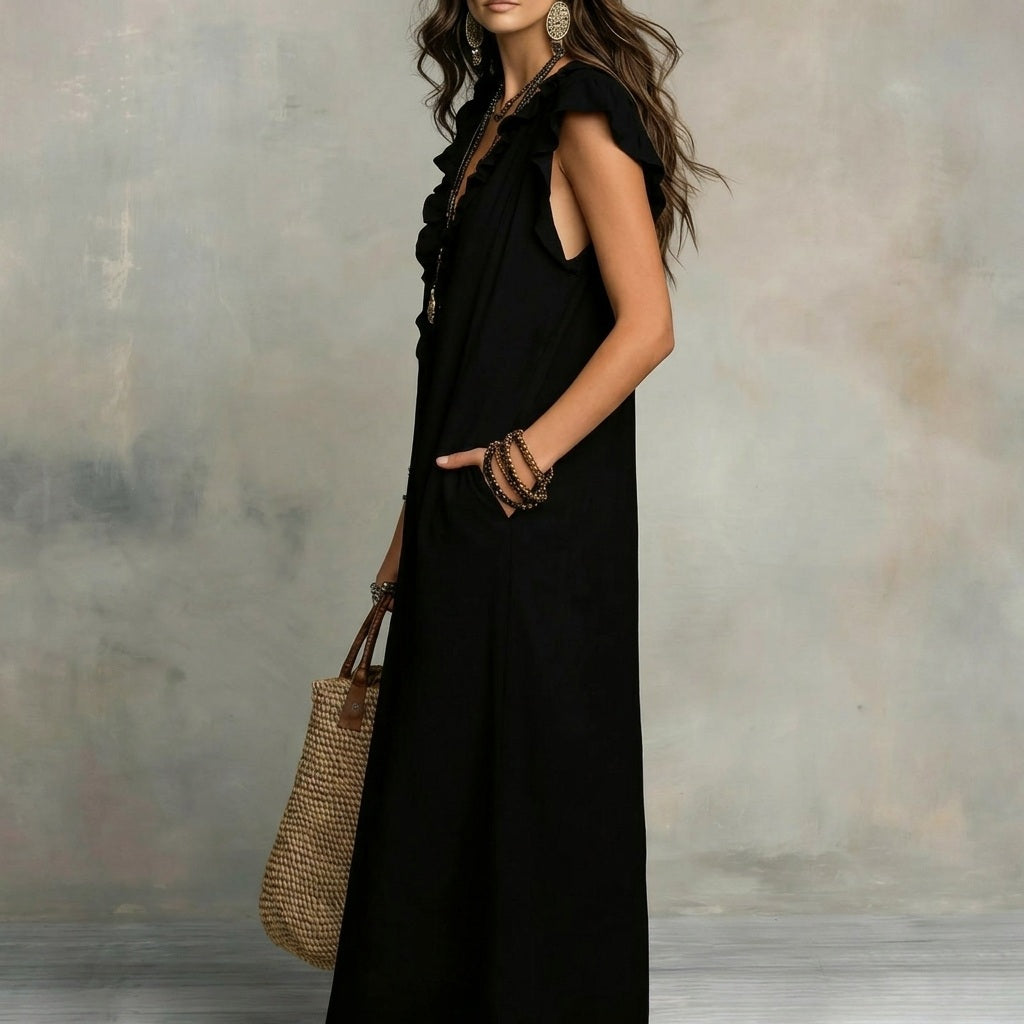 Josefina™  | European Long Dress with a V-neck and frills
