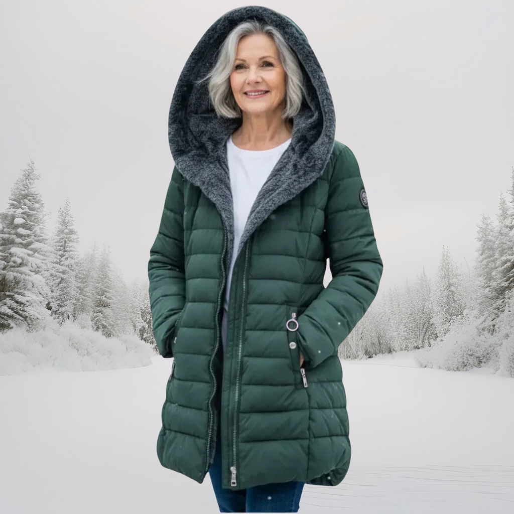 Down-filled long coat in light green, black and dark green with a classic, structured silhouette
