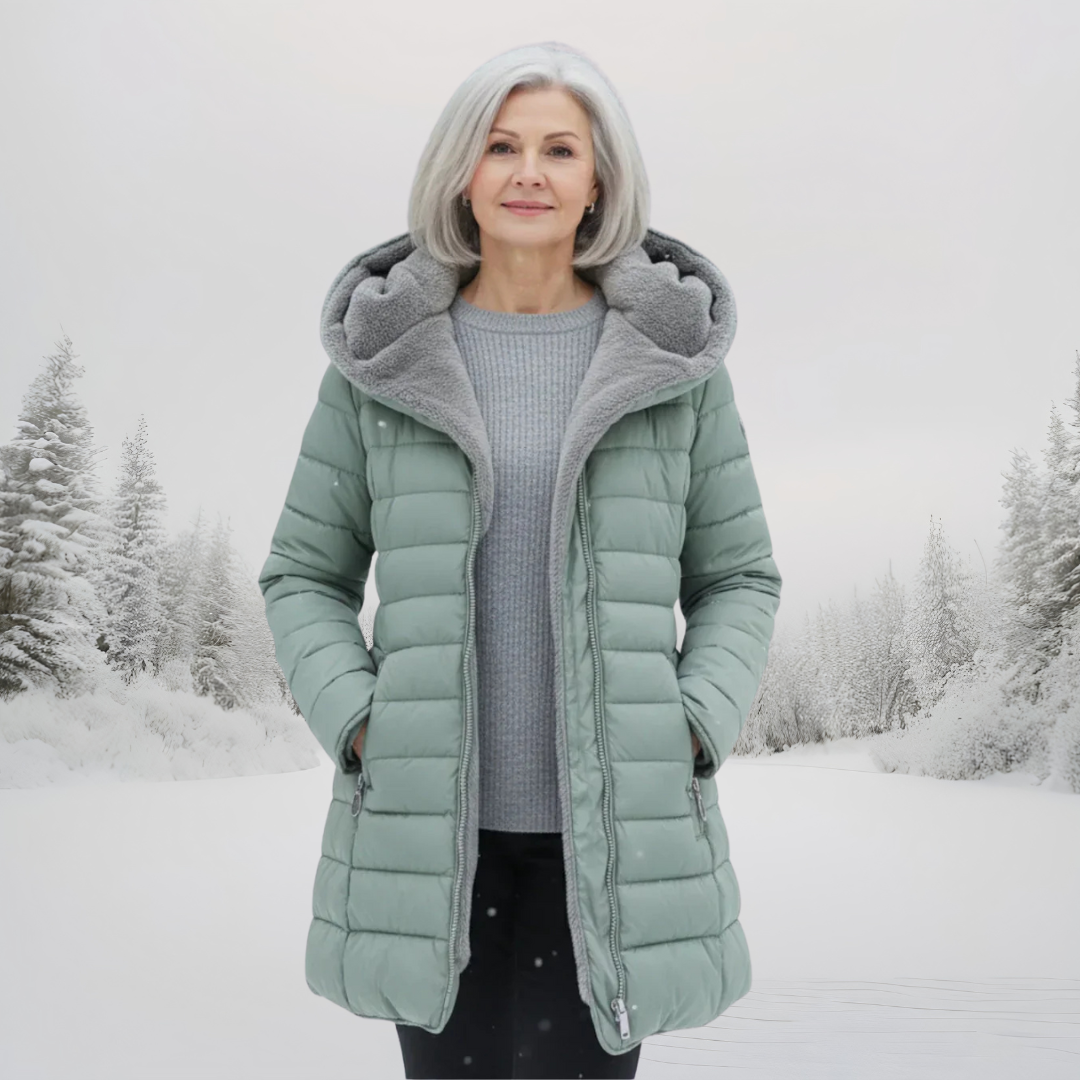 Down-filled long coat in light green, black and dark green with a classic, structured silhouette