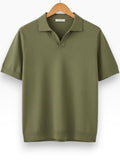 Khaki men's V-neck polo shirt with clean lines and relaxed structured fit
