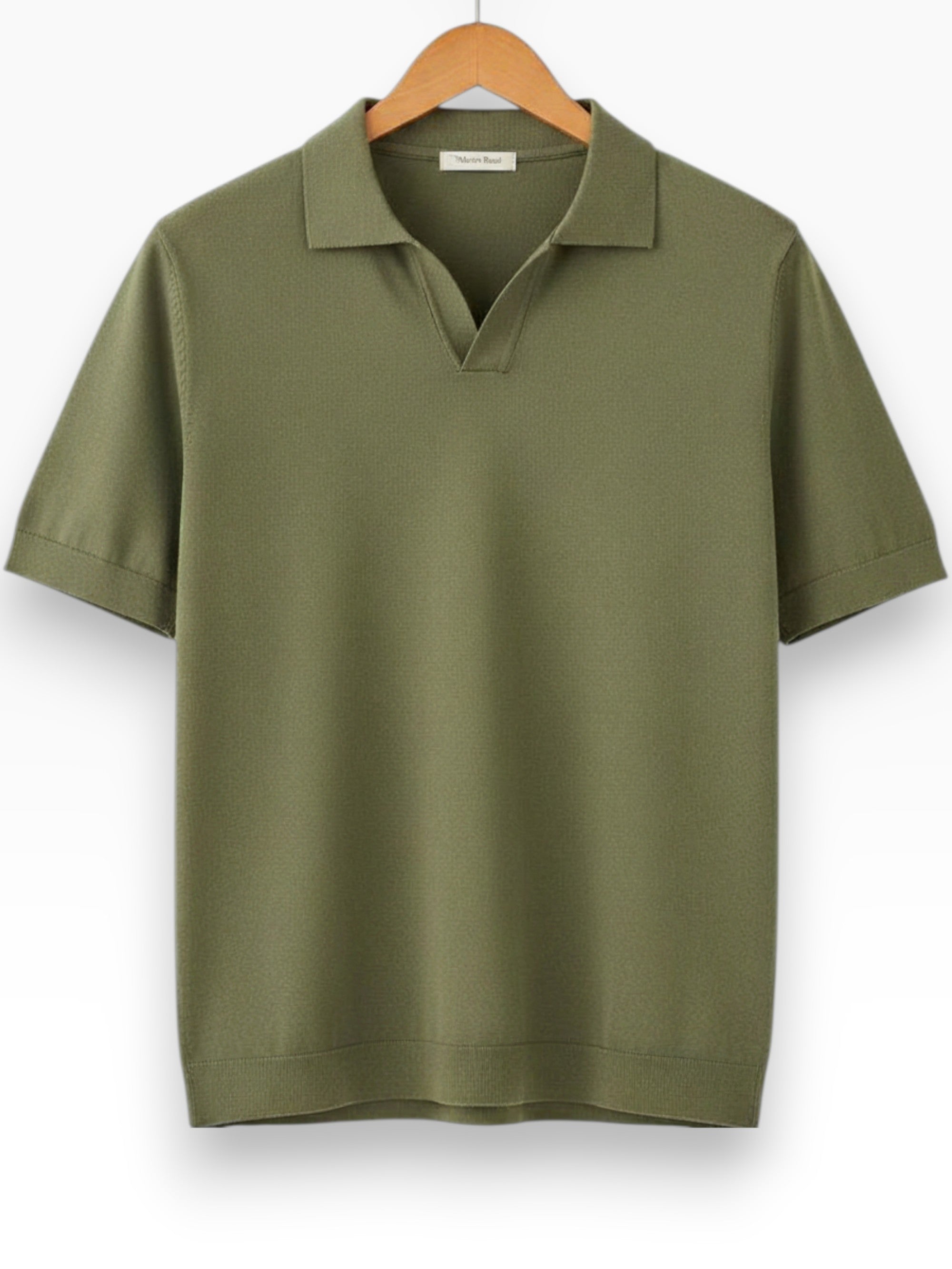 Khaki men's V-neck polo shirt with clean lines and relaxed structured fit
