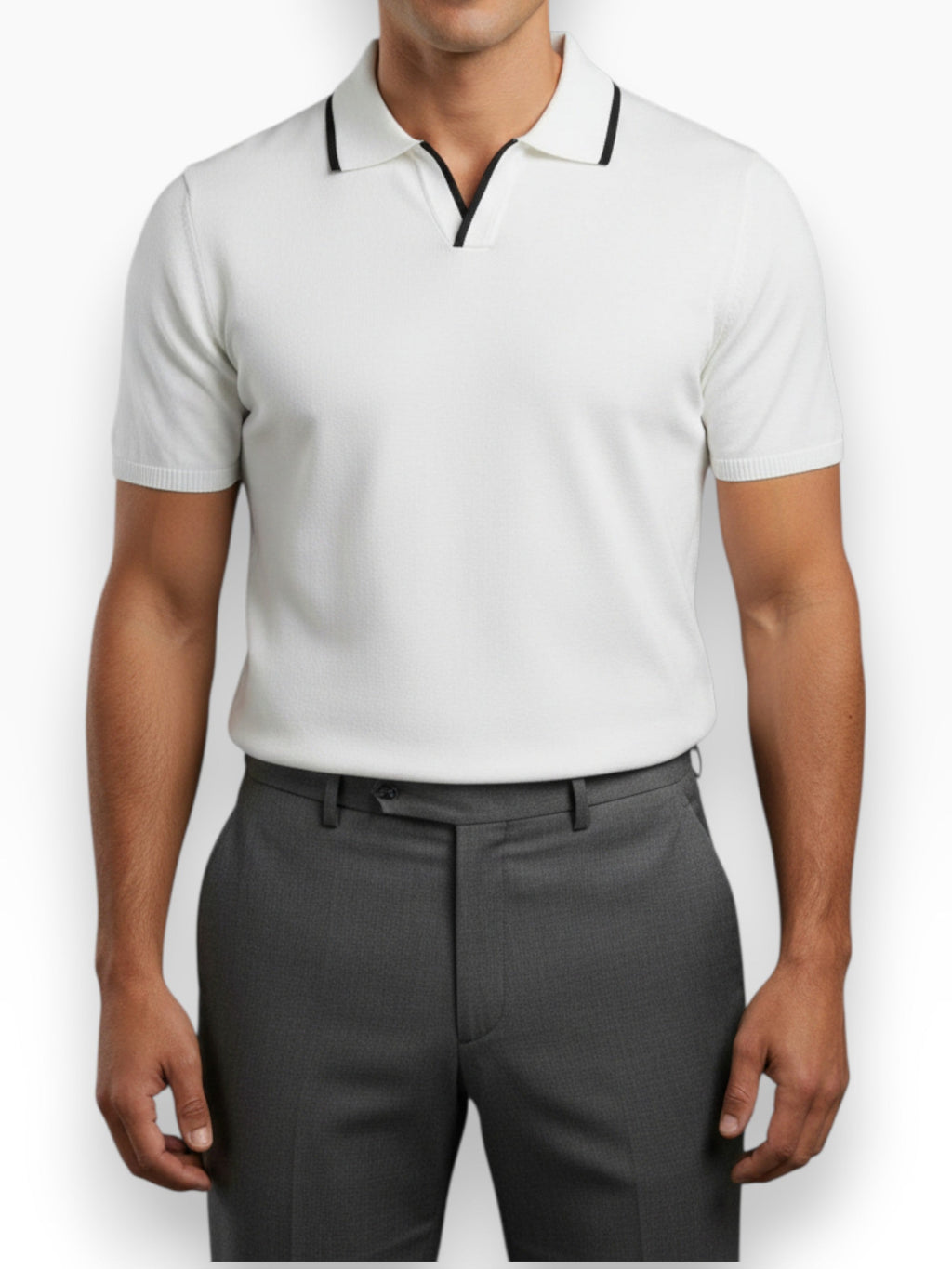 Men's V-neck polo shirt in navy with clean lines and a neat, balanced fit