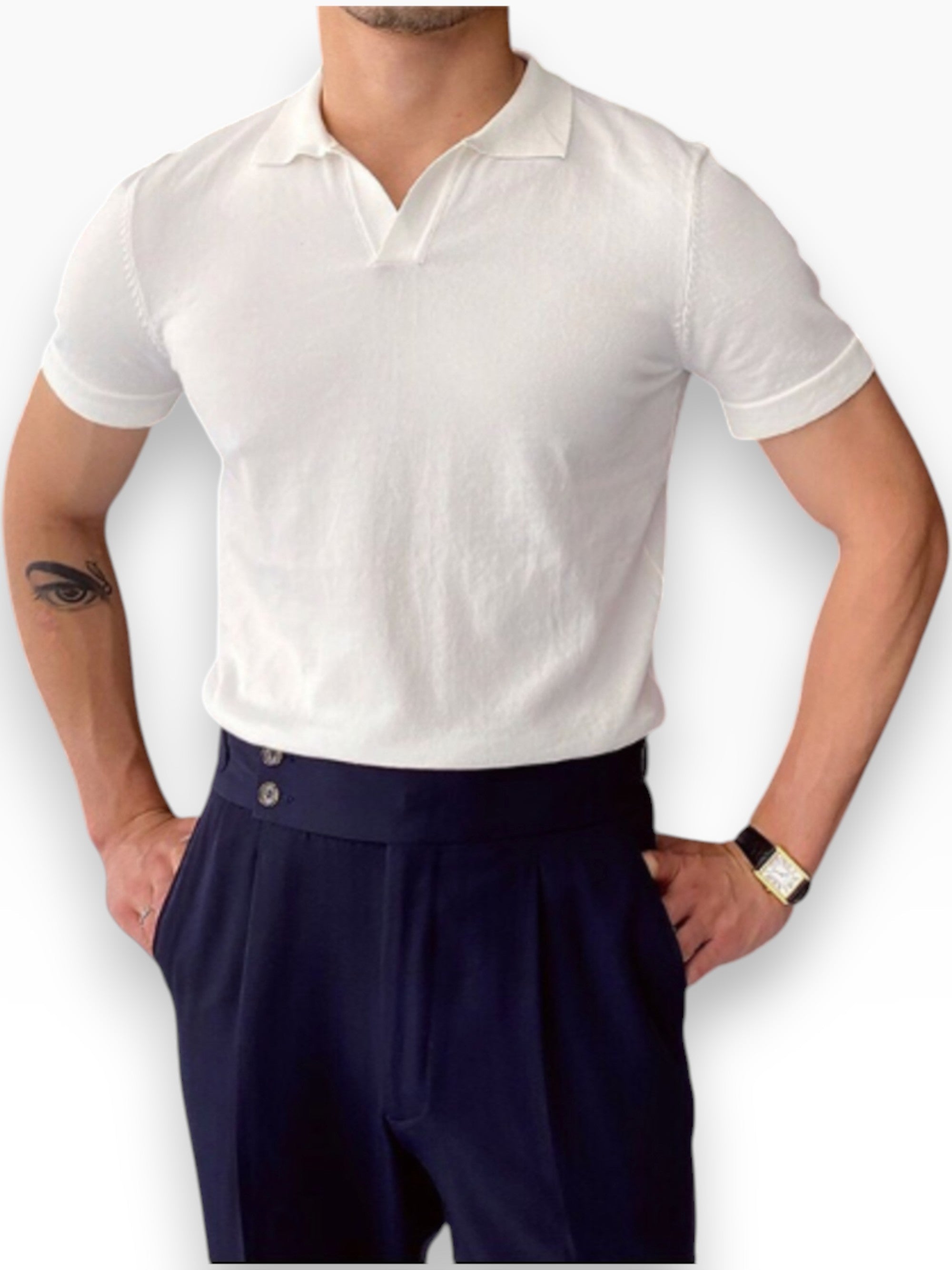 Men's V-neck polo shirt in navy with clean lines and a neat, balanced fit
