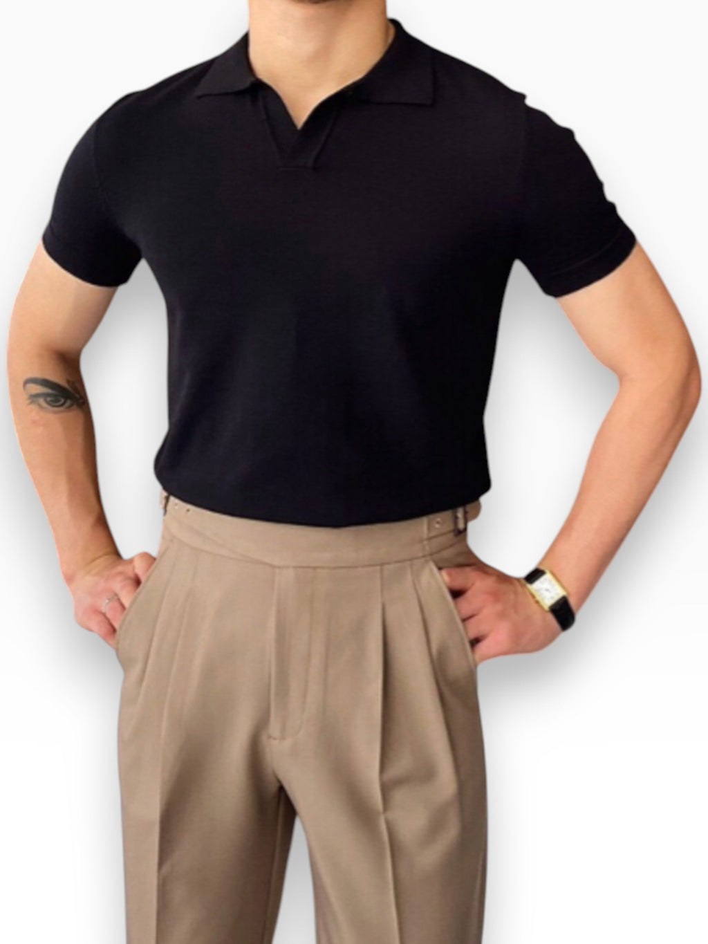 Khaki men's V-neck polo shirt with clean lines and relaxed structured fit