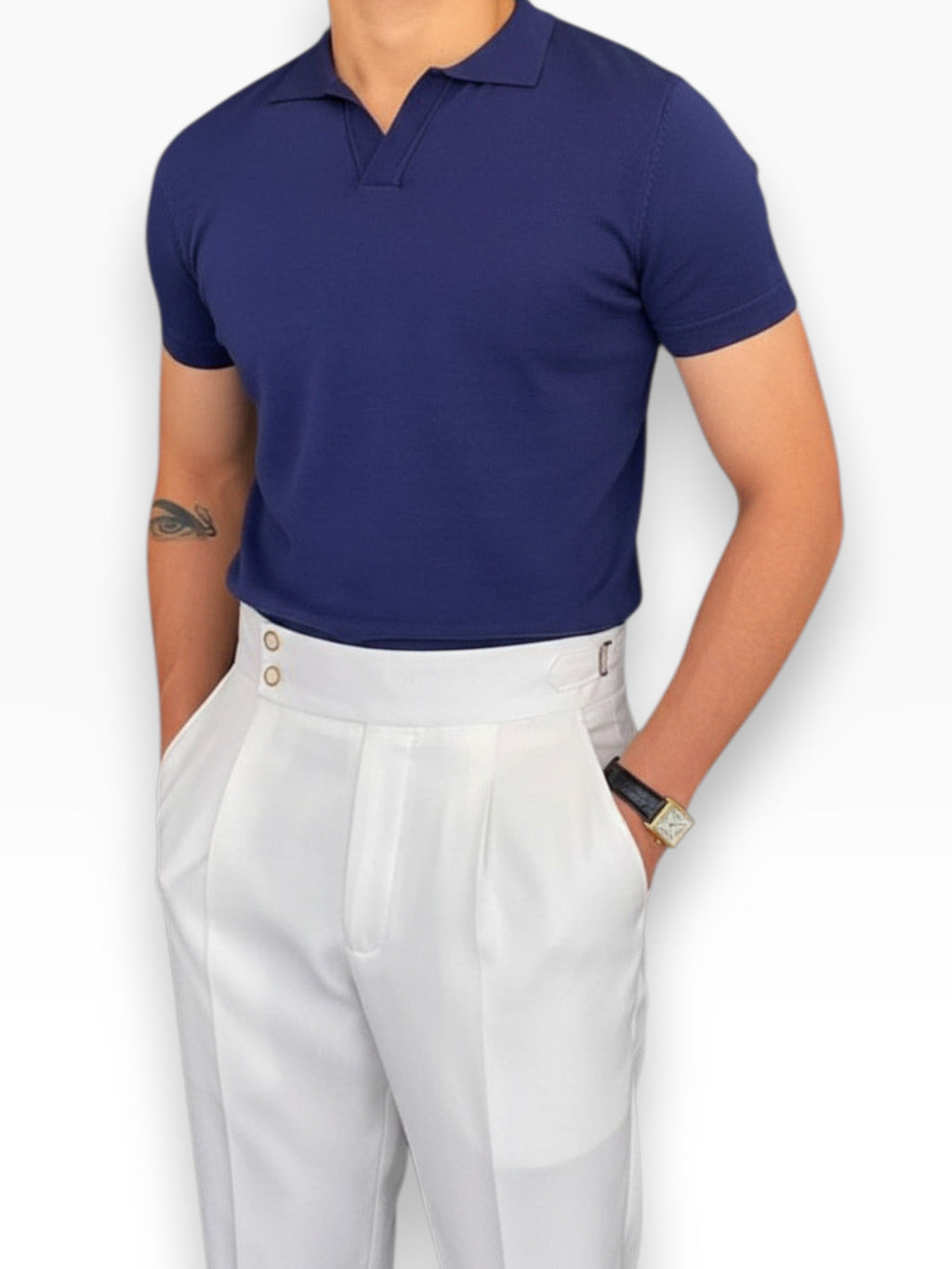 Khaki men's V-neck polo shirt with clean lines and relaxed structured fit