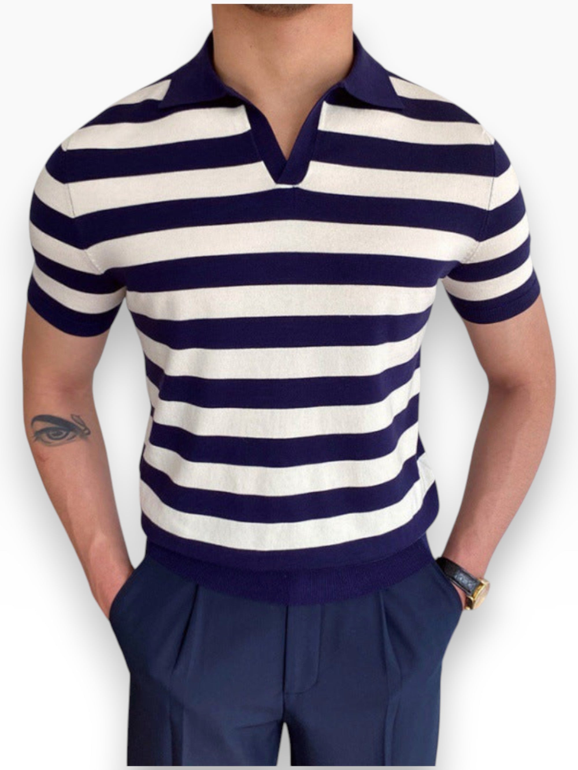 Men's V-neck polo shirt in navy with clean lines and a neat, balanced fit