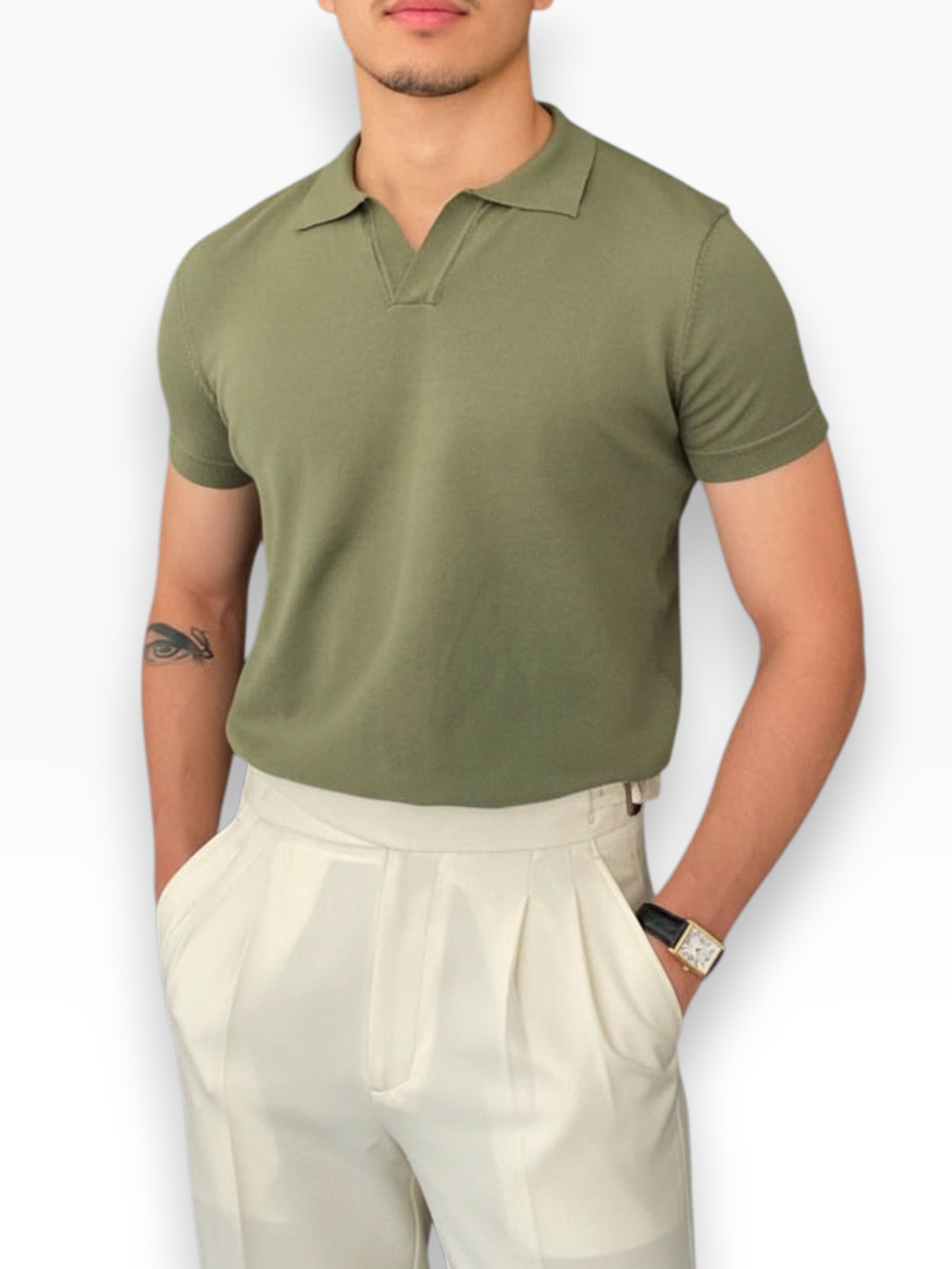 Men's V-neck polo shirt in navy with clean lines and a neat, balanced fit