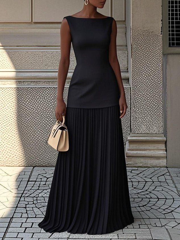 Elegant dress with a structured bodice and pleated skirt in beige, also available in pink, black, light blue and pale yellow