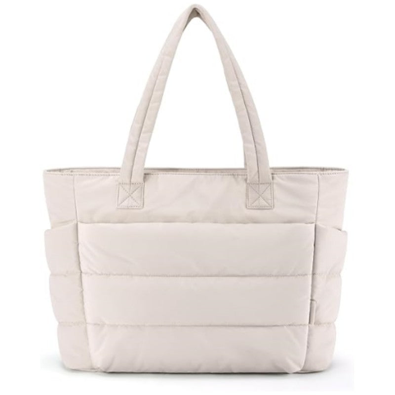 Ultralight quilted tote bag in soft pink with zip closure and shoulder straps