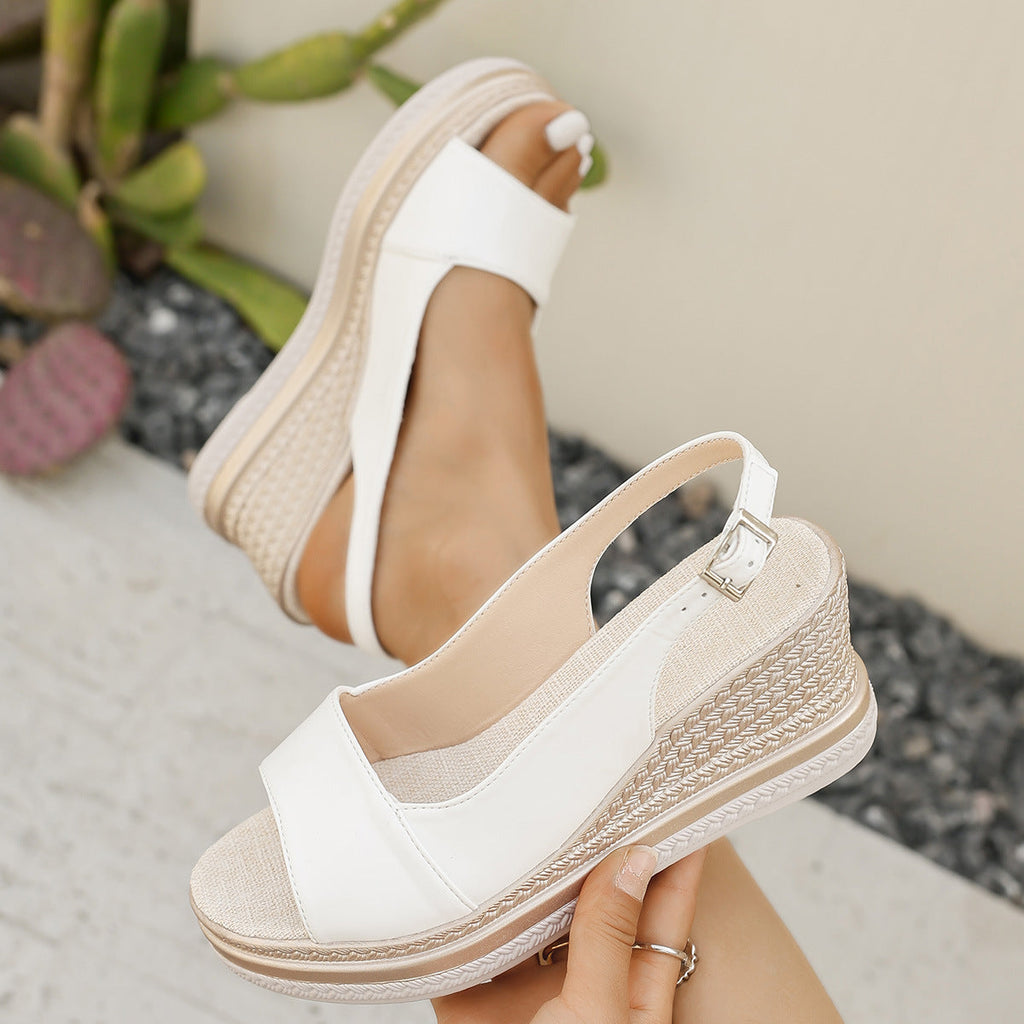 Peep-toe wedge sandals with a back strap in white, black and gold