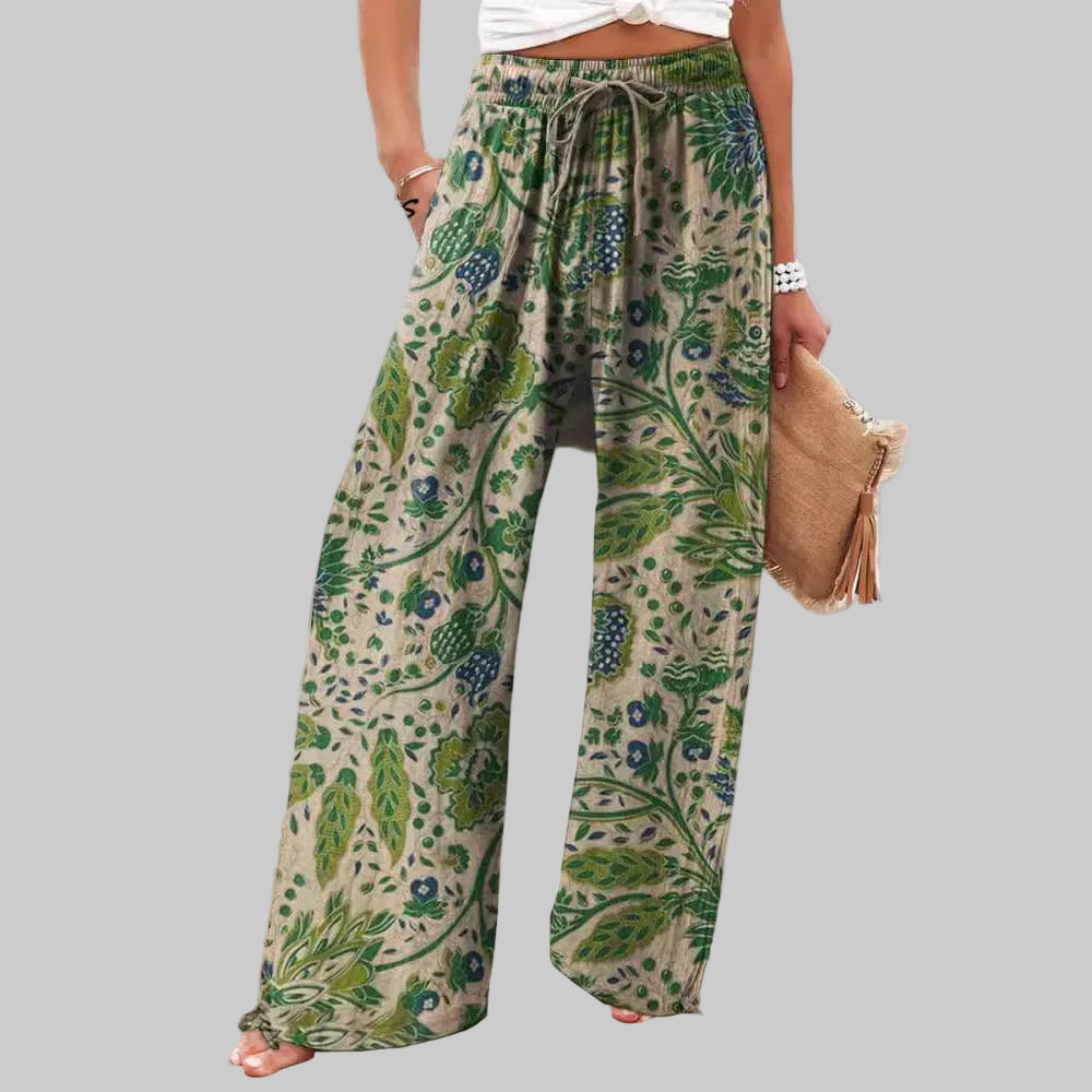 Floral wide-leg trousers in blue with a high waist and elegant print