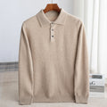 Men's polo collar knit jumper in navy blue with a clean classic silhouette and button placket