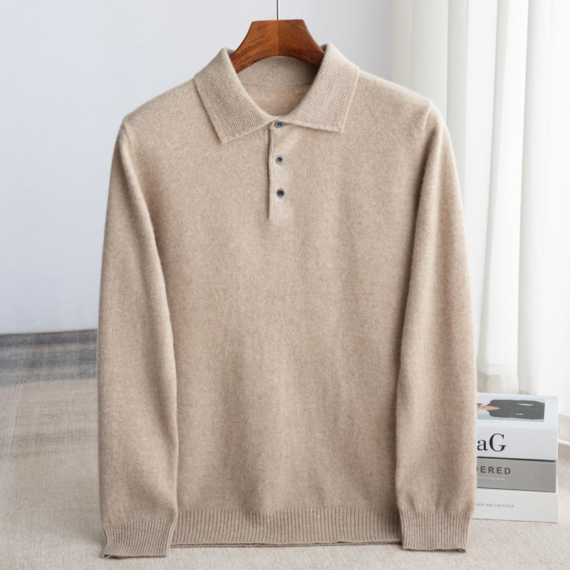 Men's polo collar knit jumper in navy blue with a clean classic silhouette and button placket