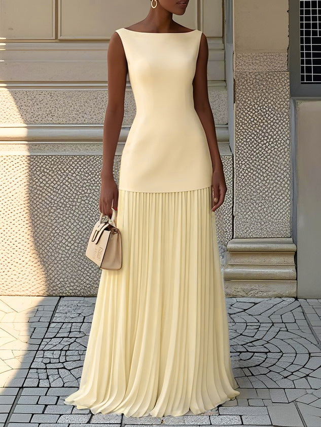 Elegant dress with a structured bodice and pleated skirt in beige, also available in pink, black, light blue and pale yellow