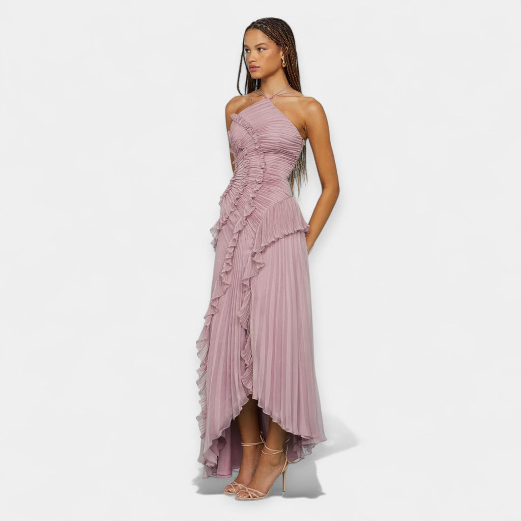 Flowing lilac midi dress with delicate ruffle details and a graceful silhouette