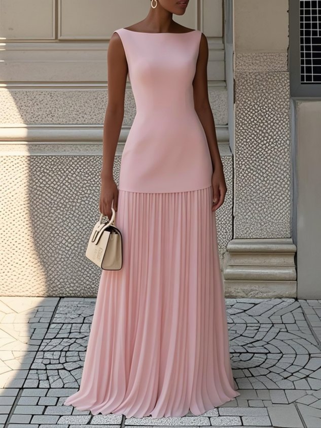 Elegant dress with a structured bodice and pleated skirt in beige, also available in pink, black, light blue and pale yellow