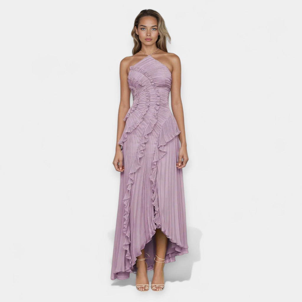 Flowing lilac midi dress with delicate ruffle details and a graceful silhouette