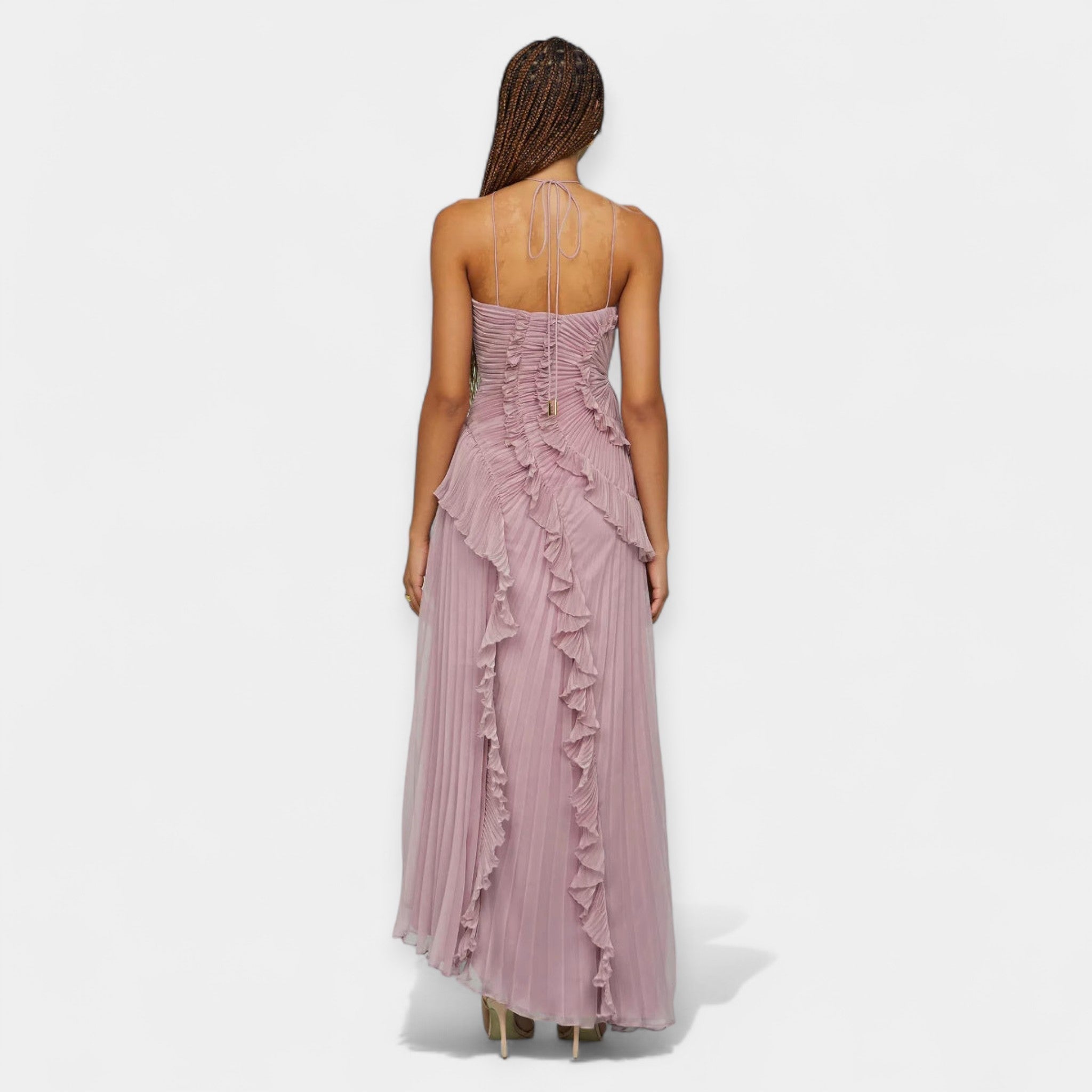 Flowing lilac midi dress with delicate ruffle details and a graceful silhouette
