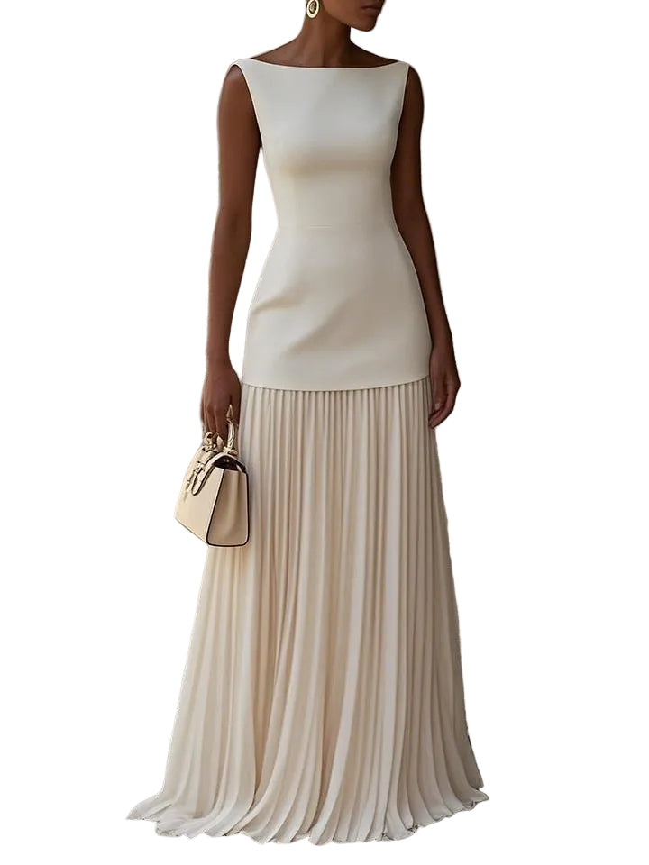 Elegant dress with a structured bodice and pleated skirt in beige, also available in pink, black, light blue and pale yellow