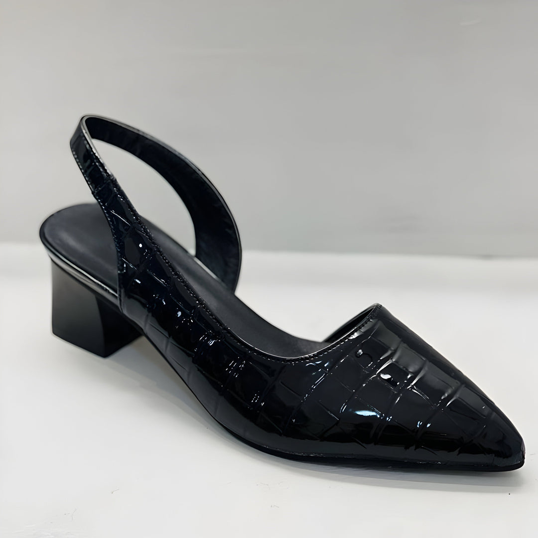 Black orthopaedic comfort heels with a wide toe box and low supportive heel