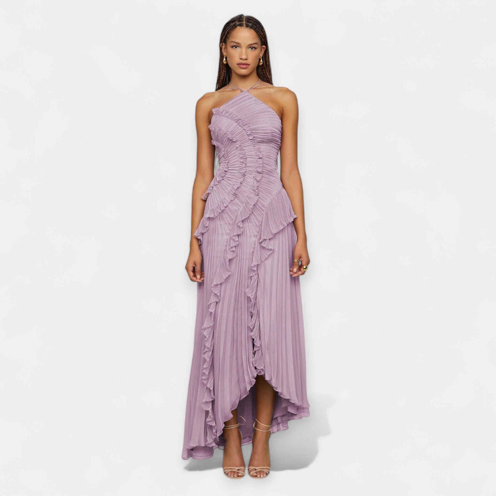 Flowing lilac midi dress with delicate ruffle details and a graceful silhouette