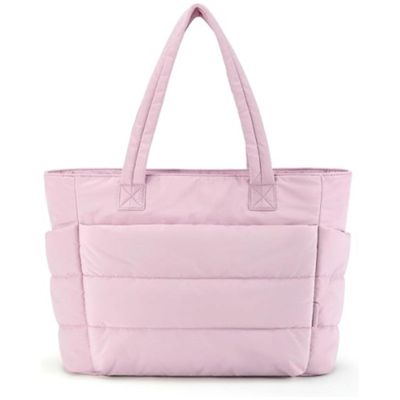 Ultralight quilted tote bag in soft pink with zip closure and shoulder straps