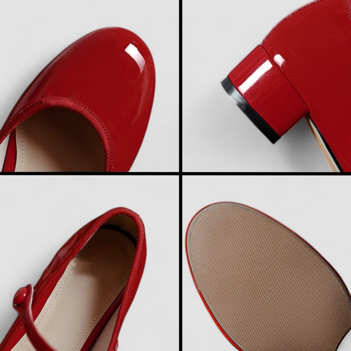 A woman wearing red Mary Jane shoes, comfortable and steady during a day of errands.