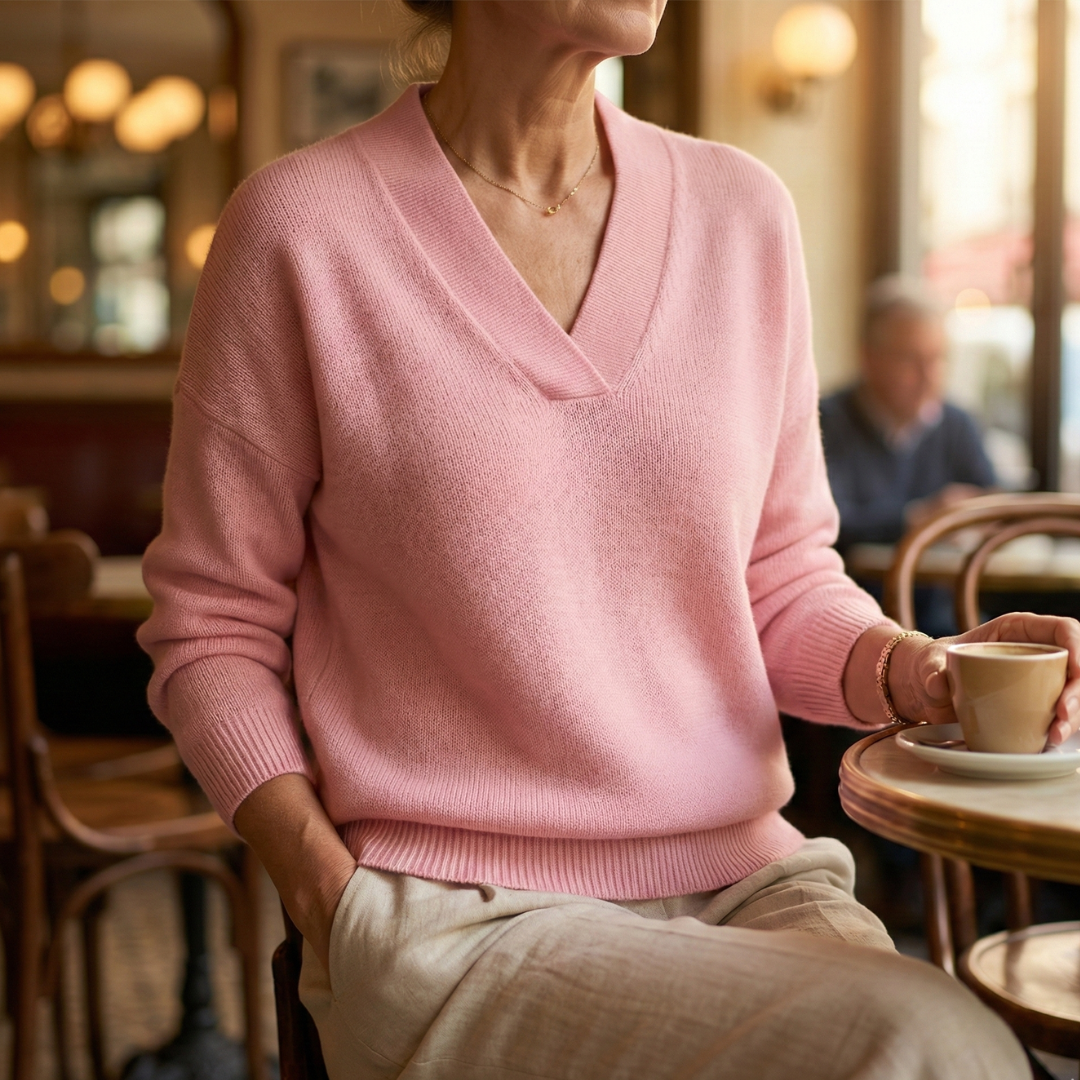 A woman wearing a soft draped V-neck jumper with jeans for an effortlessly elegant look.