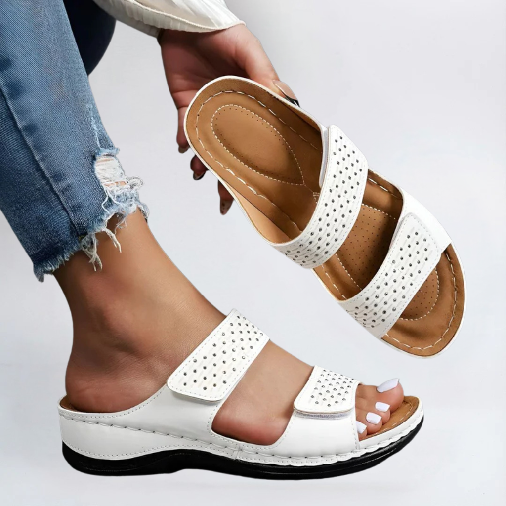 Simple wide-band backless sandals in white, blue, black and two-tone colourways