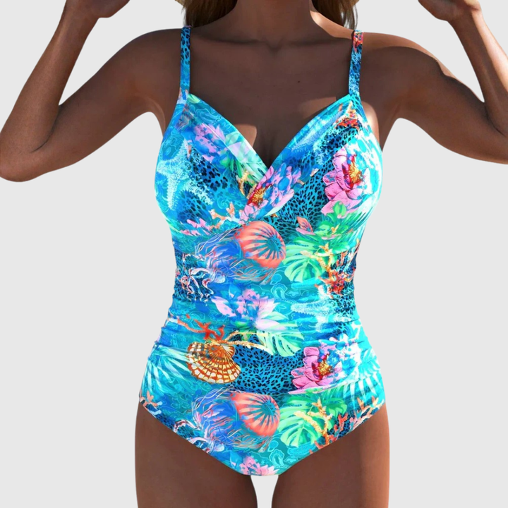 Floral one-piece swimsuit with a V-neckline in a vibrant pattern